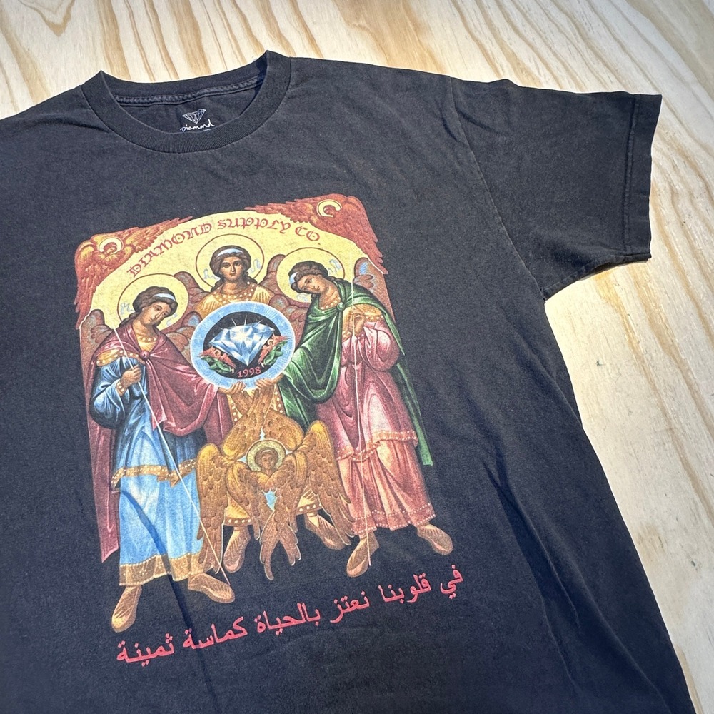 Diamond Supply Co Mens Large Black Angel Graphic Arabic Script T-Shirt USA Made